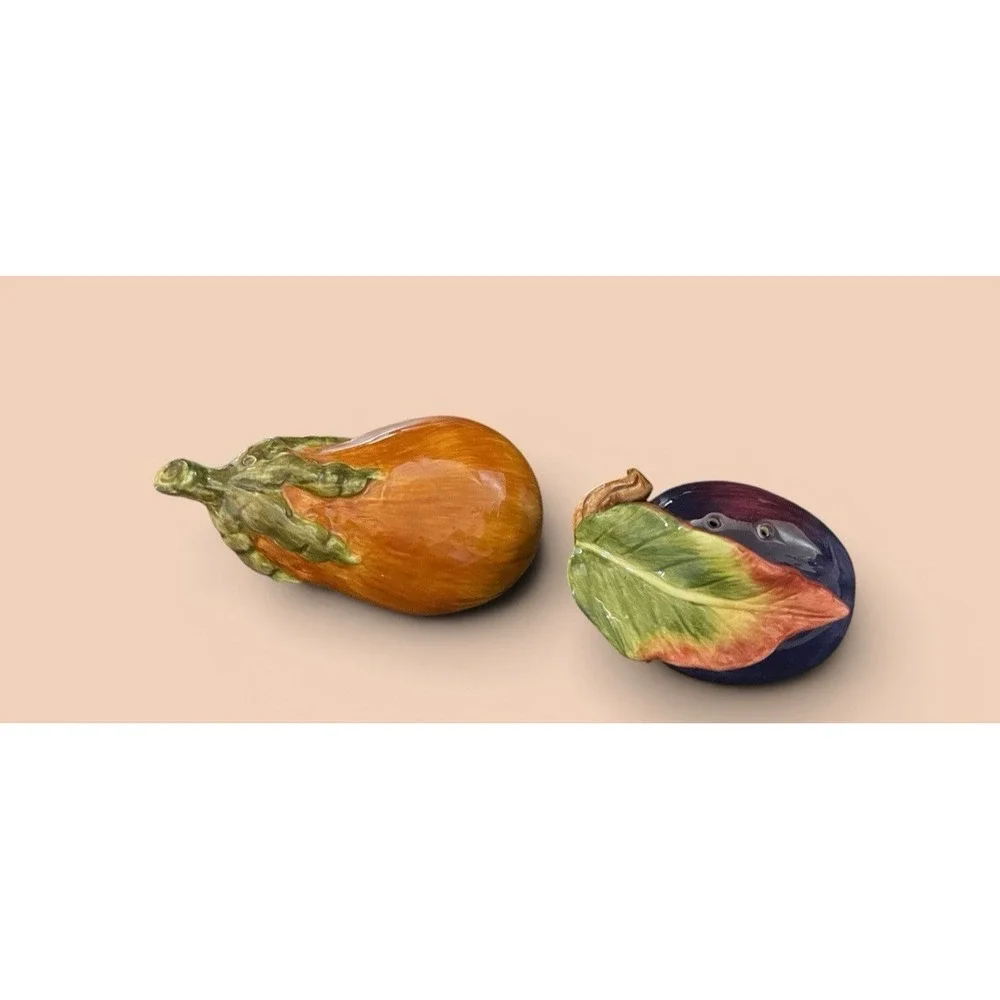 Fitz & Floyd Eggplant And Squash Salt Pepper Shaker Set Multicolor Vintage Leaf